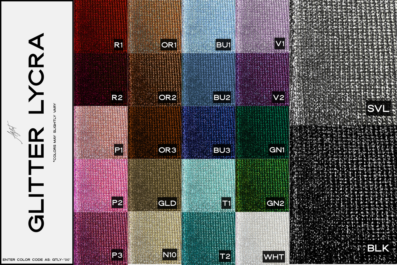 Glitter Lycra color guide