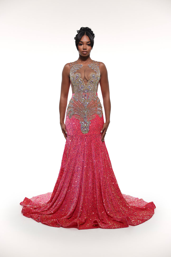 Woman wearing a red beaded evening gown on a white background