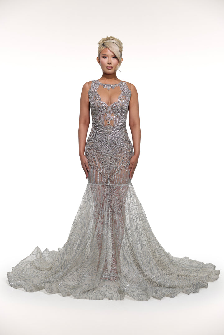 platinum lace dress Rachel Allan RB8171 Scalloped V-Neck Flutter Sleeve A-Line Mother of the Bride Dress ROSE / 12
